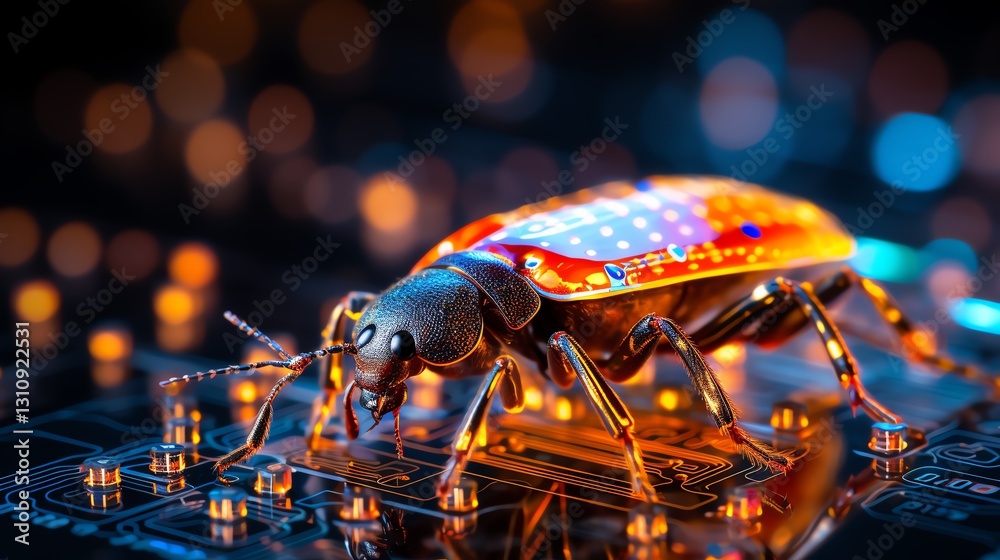 Aufkleber Close-up of a bug on a stream of binary code, representing software debugging, glowing numbers, high-tech interface, macro shot, sharp details