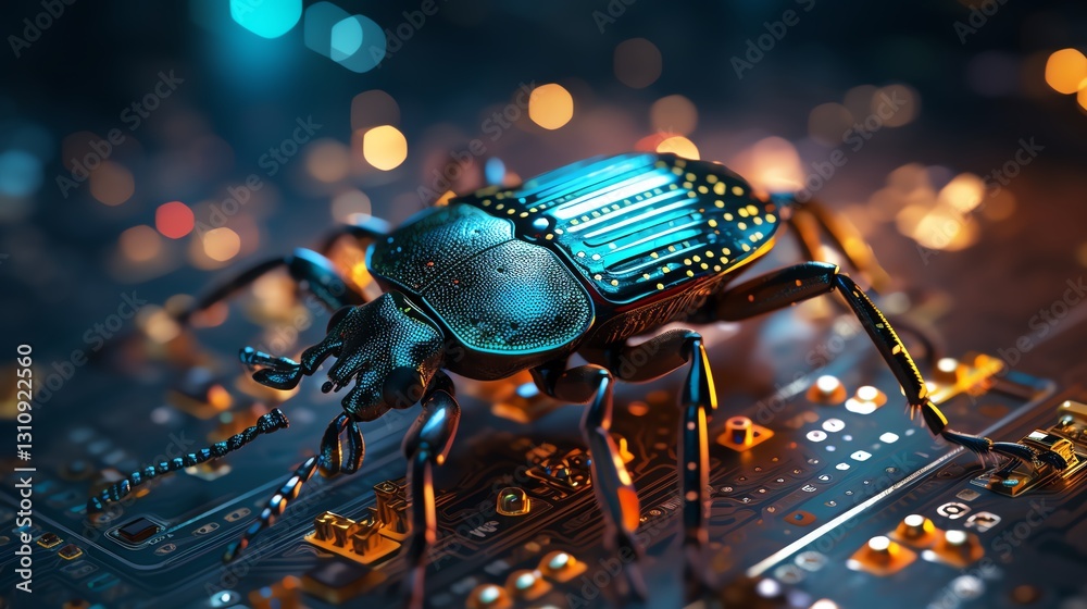 Poster Close-up of a bug on binary code, representing coding errors and software testing, glowing digital numbers, ultra-realistic, futuristic tech scene