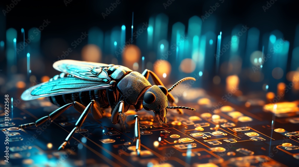Leinwandbilder Close-up of a bug on binary code, representing coding errors and software testing, glowing digital numbers, ultra-realistic, futuristic tech scene
