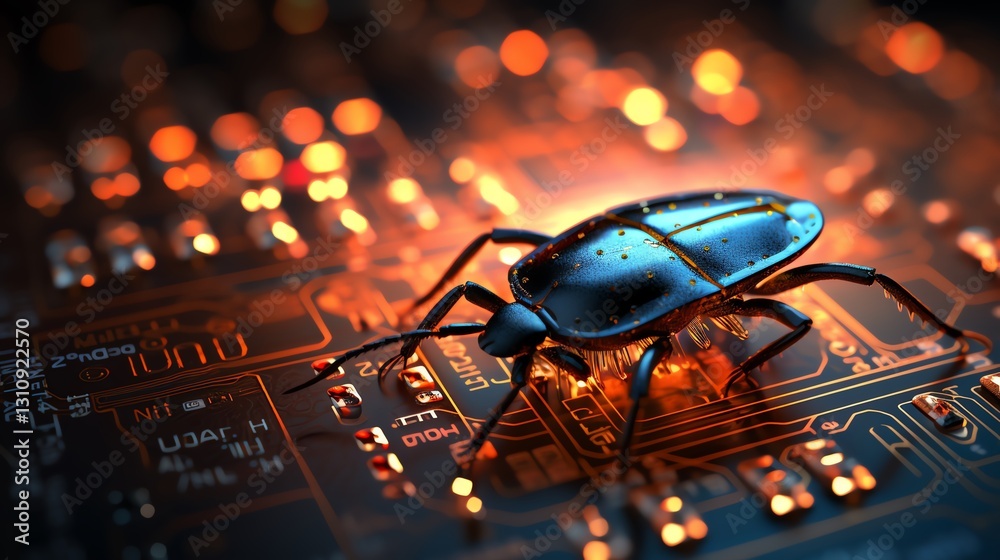 Poster Close-up of a bug on binary code, representing coding errors and software testing, glowing digital numbers, ultra-realistic, futuristic tech scene