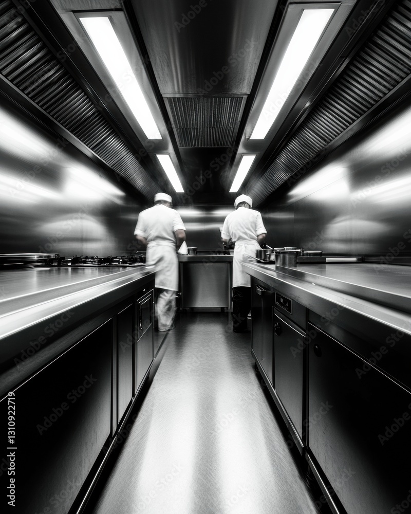 Poster Hypermodern Culinary Innovation Monochromatic Precision Engineering in Professional Kitchen Design - High-Performance Food Service Workflow Optimization