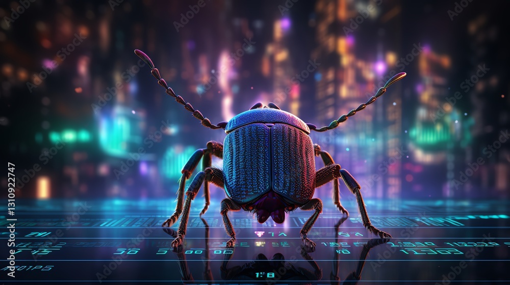 Poster A bug crawling across a screen filled with binary code, symbolizing the search for flaws in software testing, neon lights, ultra-detailed, high-tech atmosphere
