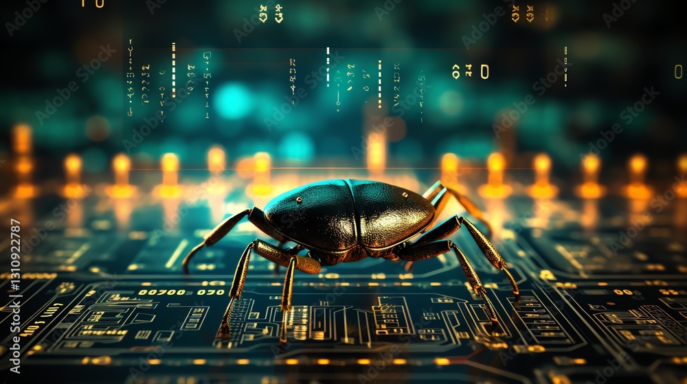 Poster A bug crawling across a screen filled with binary code, symbolizing the search for flaws in software testing, neon lights, ultra-detailed, high-tech atmosphere