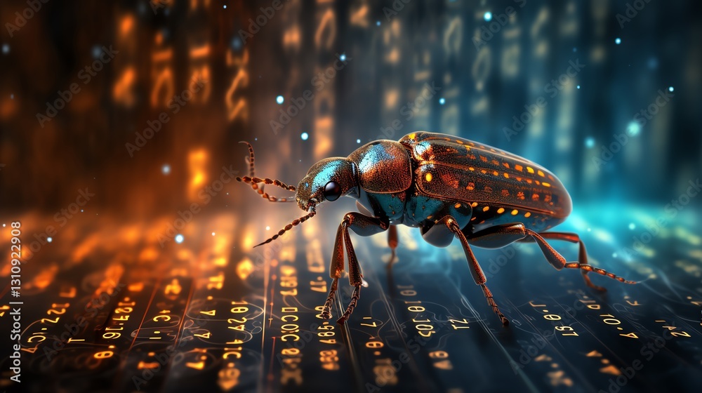 Poster A bug crawling on binary code, symbolizing software testing and debugging, detailed digital background, glowing binary numbers, hyper-realistic, cinematic lighting