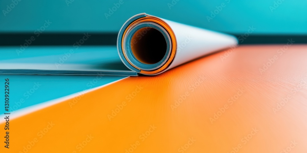 Poster Minimalist Design Innovation Sleek Rolled Blueprint on Vibrant Color-Block Surface - Creative Professional Visualization of Strategic Planning and Modern Conceptual Workflow