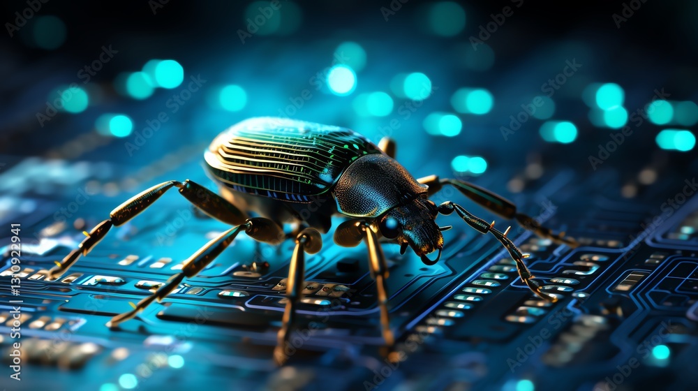 Poster A bug crawling on binary code, symbolizing software testing and debugging, detailed digital background, glowing binary numbers, hyper-realistic, cinematic lighting