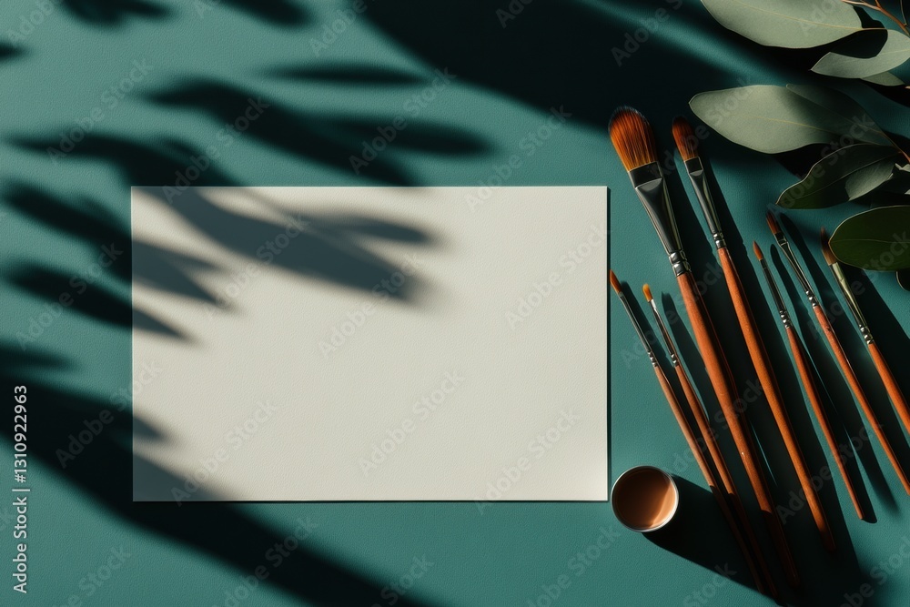 Poster minimalist creative studio aesthetic paintbrush arrangement with botanical shadows - artistic worksp
