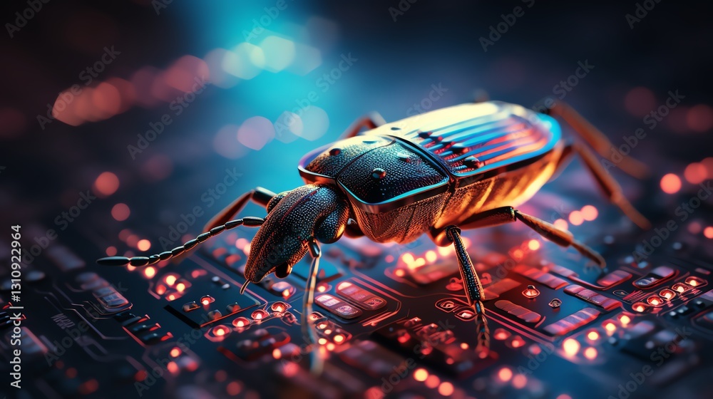 Poster A bug crawling on glowing binary code, symbolizing software testing and debugging, high-tech digital environment, neon code, ultra-detailed, cinematic lighting