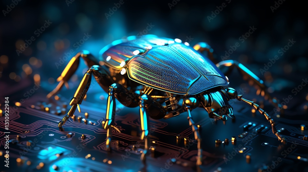 Poster A bug crawling on glowing binary code, symbolizing software testing and debugging, high-tech digital environment, neon code, ultra-detailed, cinematic lighting