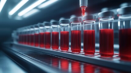Laboratory Scene of Test Tubes with Red Liquid and Pipette Dropper