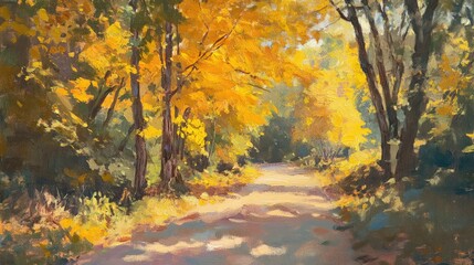 Golden Autumn Pathway: A sun-drenched country road winds through a vibrant forest bathed in the warm hues of autumn.