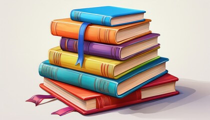 3D rendering of a stack of colorful books with a bookmark, isolated on a white background, symbolizing knowledge, education, and creativity.
