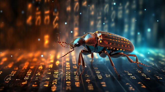 A bug crawling on binary code, symbolizing software testing and debugging, detailed digital background, glowing binary numbers, hyper-realistic, cinematic lighting
