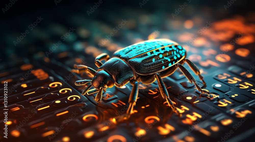 Poster A bug crawling through streaming binary code, representing the need for precision in software testing, high-definition, digital realism, neon glow