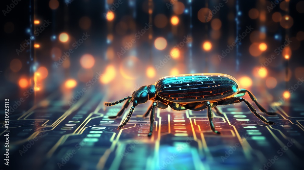 Poster A bug crawling through streaming binary code, representing the need for precision in software testing, high-definition, digital realism, neon glow