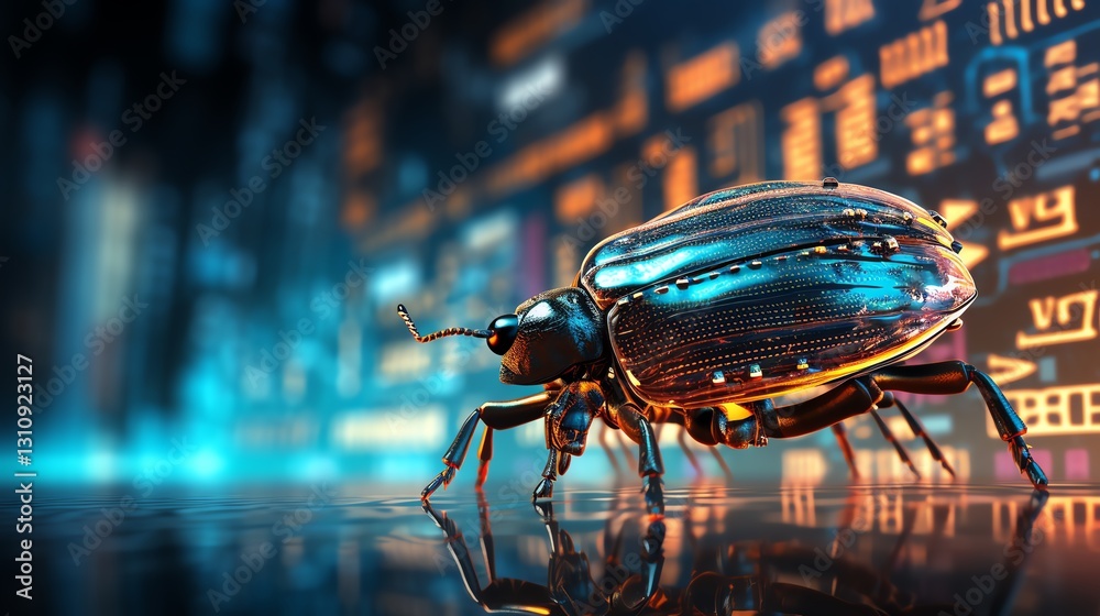 Poster A bug crawling through streaming binary code, representing the need for precision in software testing, high-definition, digital realism, neon glow