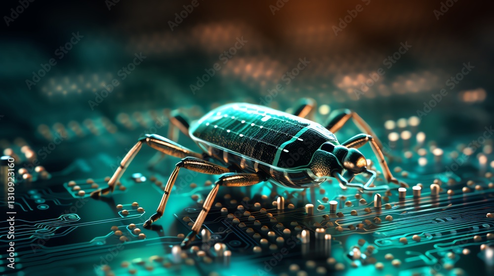 Aufkleber A bug in the middle of binary code, symbolizing the role of software testing and debugging, detailed digital background, bright glowing code, sharp focus