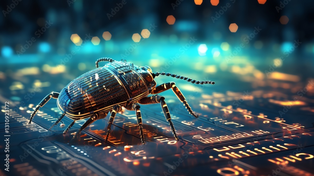 Poster A bug in the middle of binary code, symbolizing the role of software testing and debugging, detailed digital background, bright glowing code, sharp focus