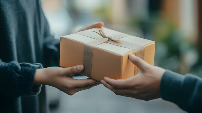 Hands exchanging a present with ribbon outdoors, showing thoughtfulness and giving gesture