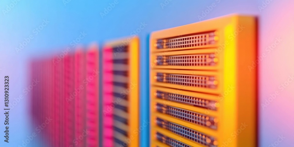 Poster Gradient Tech Aesthetics High-Performance Server Rack Innovation in Vibrant Chromatic Design - Next-Gen Digital Infrastructure Visualization