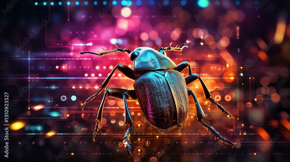 Poster A bug on a digital screen with cascading binary code, illustrating the complexity of software debugging, vibrant neon hues, high-tech environment