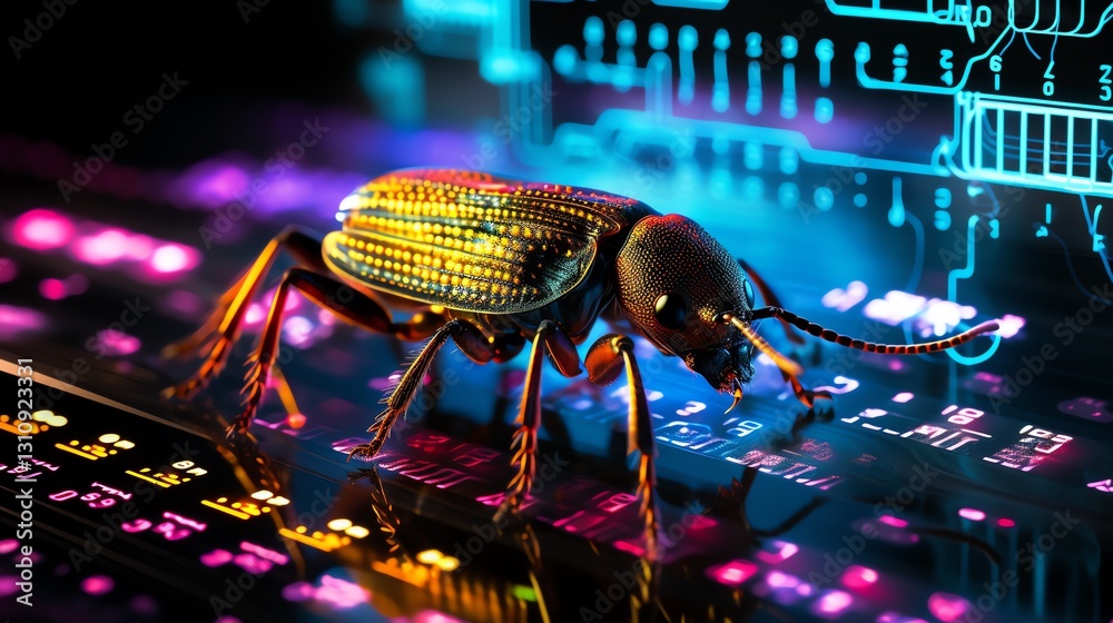 Poster A bug on a digital screen with cascading binary code, illustrating the complexity of software debugging, vibrant neon hues, high-tech environment