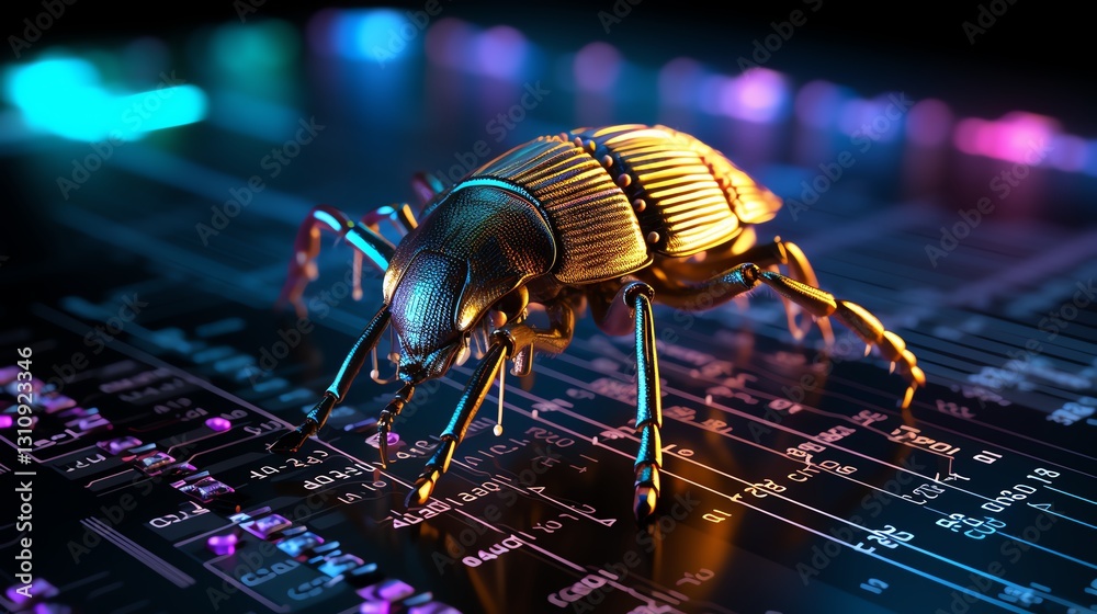 Poster A bug on a digital screen with cascading binary code, illustrating the complexity of software debugging, vibrant neon hues, high-tech environment