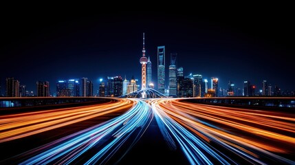 Fototapeta premium a futuristic city skyline under a clear night sky, with a sleek, illuminated bridge connecting two parts of the metropolis. The sharp foreground highlights a cyclist on the bridge,