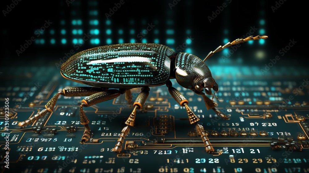Aufkleber A bug perched on flowing binary digits, symbolizing software debugging and testing, glowing code streams, high-tech sci-fi design, highly detailed