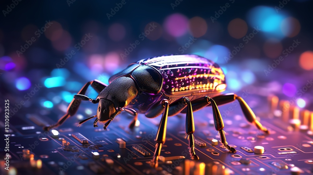 Aufkleber A bug perched on flowing binary code, representing software testing and debugging, neon lights, futuristic tech vibes, ultra-detailed, glitch effects