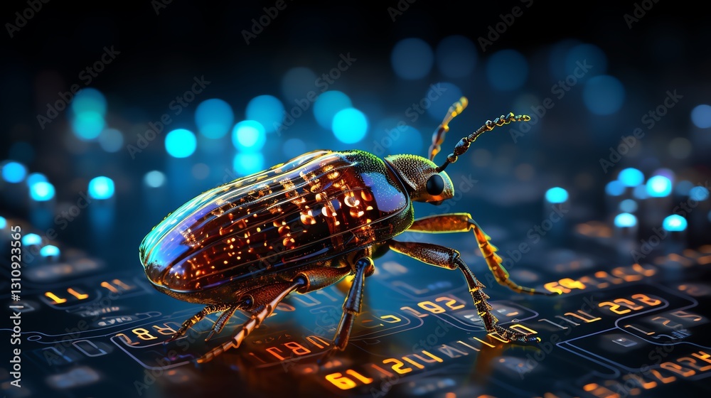 Aufkleber A bug perched on flowing binary digits, symbolizing software debugging and testing, glowing code streams, high-tech sci-fi design, highly detailed