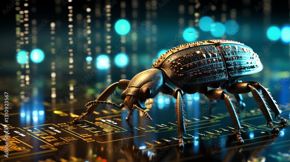 Poster A bug perched on flowing binary digits, symbolizing software debugging and testing, glowing code streams, high-tech sci-fi design, highly detailed