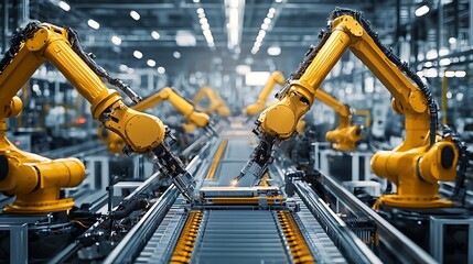 Yellow Industrial Robotic Arms in a Modern Factory Setting with Assembly Line Equipment