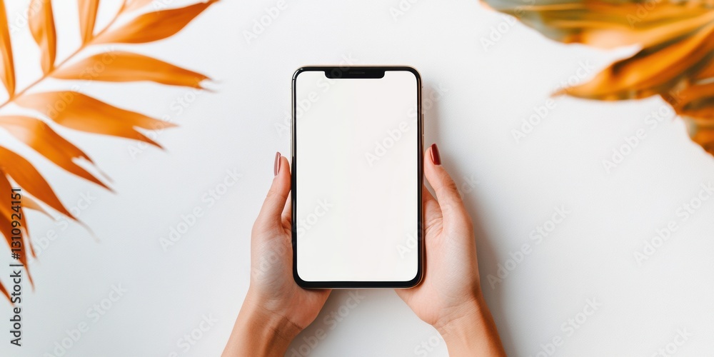 Poster minimalist mobile interface mockup sleek smartphone display with autumn-inspired botanical aesthetic