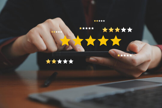 Online customer satisfaction Survey service concept, client rate service from experience in application,Consumer give five-Stars and feedback review for quality, Business reputation ranking from buyer