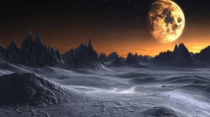 Alien Planet Landscape with Huge Orange Moon at Sunset