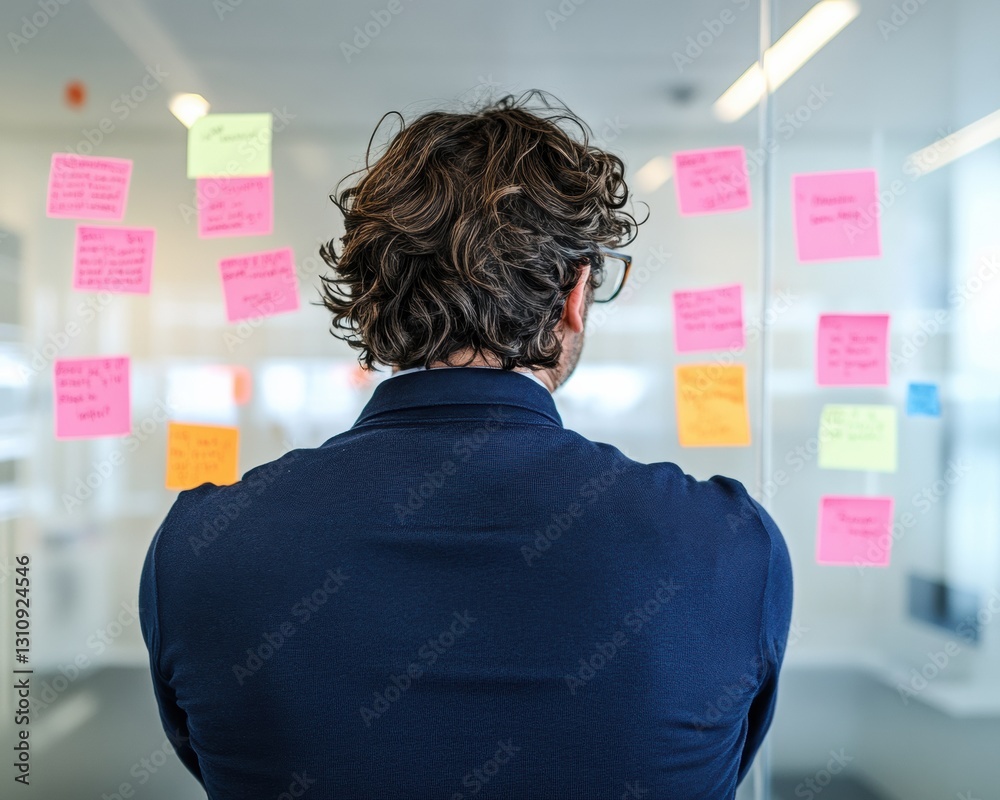 Poster Dynamic Agile Workflow Millennial Professional Mapping Strategic Innovation on Glass Wall with Color-Coded Sticky Notes in Minimalist Tech-Enabled Workspace