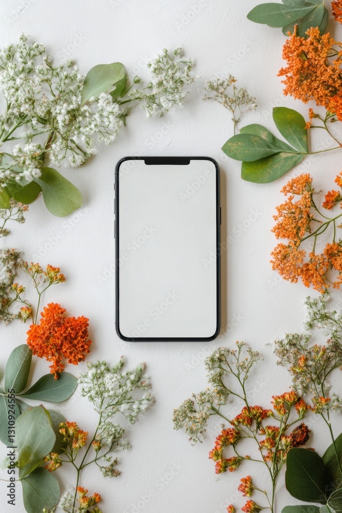 Aufkleber ethereal digital mockup minimalist smartphone with botanical arrangement - organic tech branding for