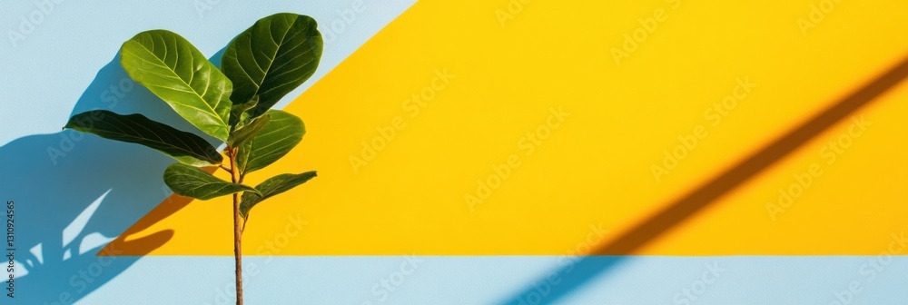 Poster minimalist color block design vibrant yellow and blue background with lush green botanical element -