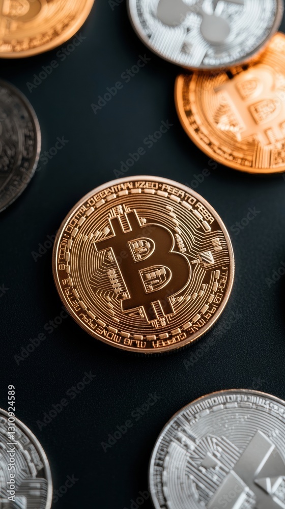 Poster futuristic crypto investment visualization golden bitcoin on reflective surface - next-gen digital f