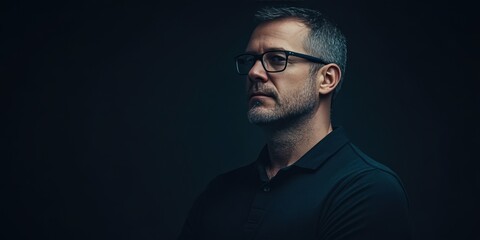 Obraz premium Contemplative Man in Glasses Against a Dark Background