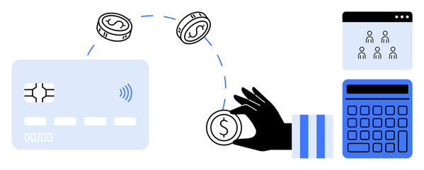 Hand moving coins between credit card and online interface. Ideal for finance, money transfer, e-commerce, budgeting, payment systems, digital banking, economic planning. Flat simple metaphor