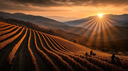 Obraz premium Golden Sunrise Over Rolling Hills: Workers Harvesting Crops in a Breathtaking Agricultural Landscape Surrounded by Mountains and Lush Fields.