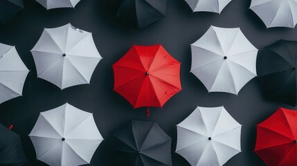 Obraz premium Overhead View of Red Umbrella Surrounded by White and Black Umbrellas