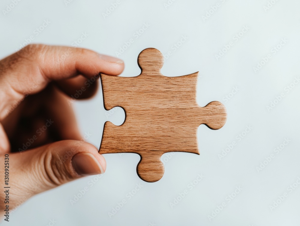Fototapete Minimalist Problem-Solving Aesthetic Wooden Puzzle Piece in Hand - Innovative Business Strategy, Creative Problem Resolution and Collaborative Design Metaphor