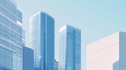 Obraz premium Modern city skyscrapers, sunny day, blue glass buildings, urban background, business concept