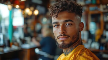 Fototapeta premium A barber, dressed in dark clothing and a cap, is cutting the hair of a seated client in a vintage-style barbershop.