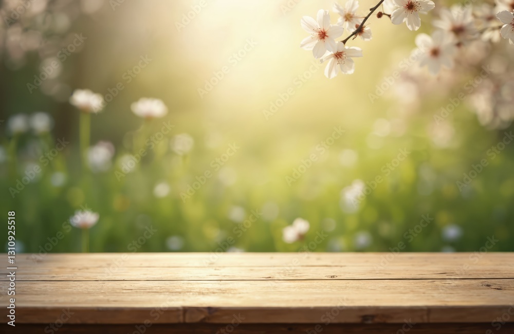 Poster rustic wooden table against blurred spring background with blossom flowers. empty wood desk surface.