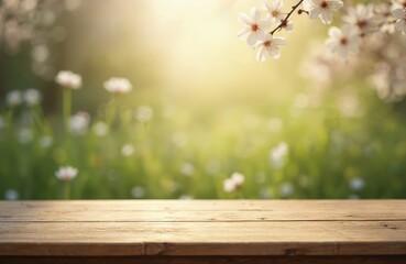 Rustic wooden table against blurred spring background with blossom flowers. Empty wood desk surface. Green bokeh backdrop. Sunny countryside nature scene with wood board surface for food presentation.