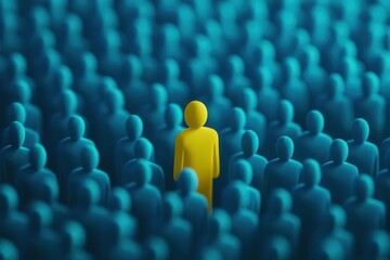 Obraz premium single yellow figure standing confidently amid sea of identical blue figures, visually representing individuality, talent acquisition, and the search for exceptional candidates in business